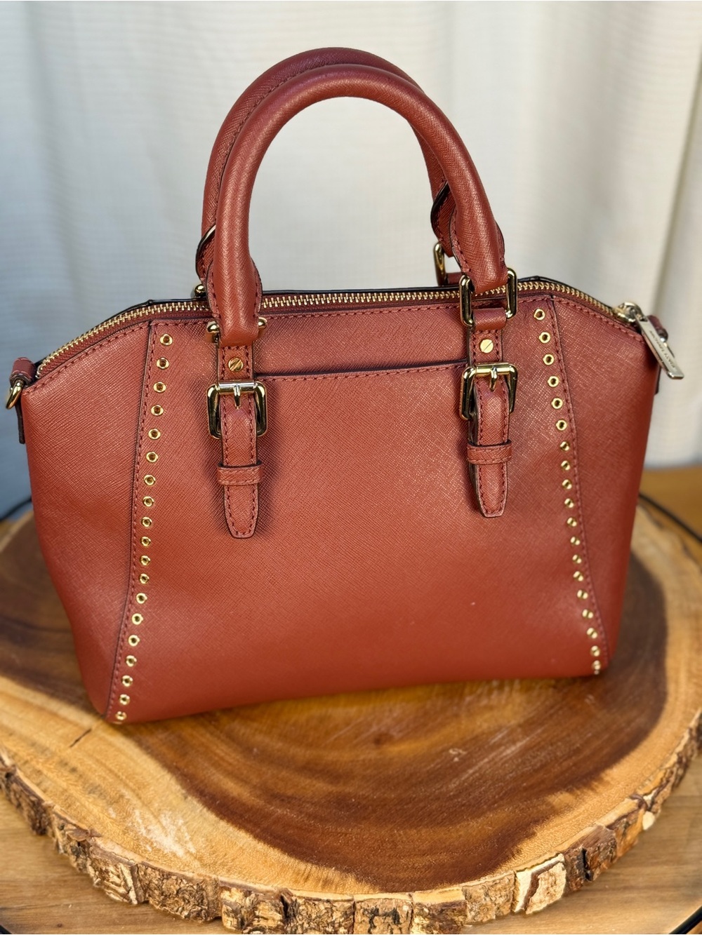 Michael Kors Ciara Grommet Brick Red Saffiano Leather Satchel Crossbody Bag EUC - Picture 4 of 16
